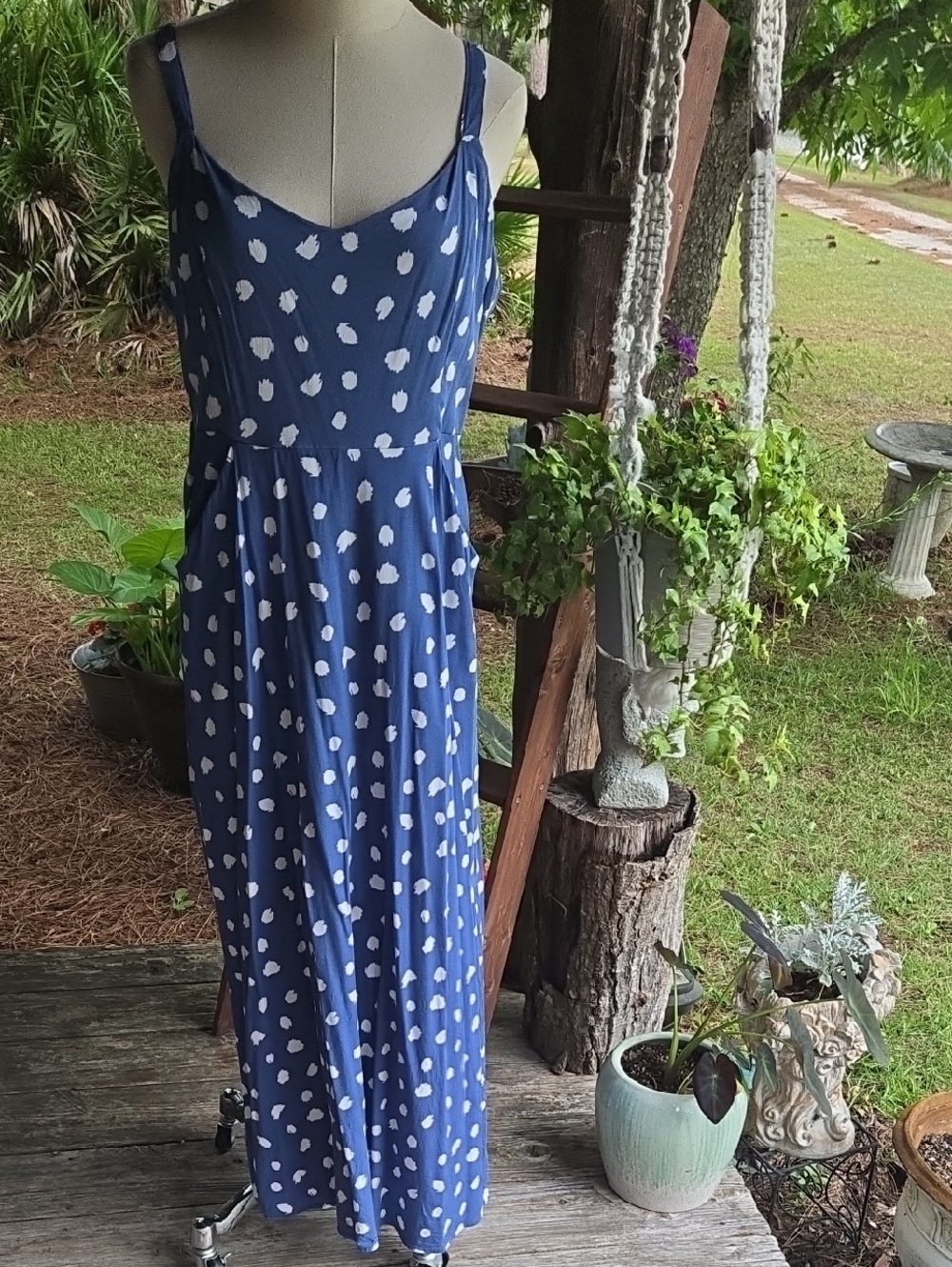 41 Hawthorn Blue Polka Dot Maxi Dress Size Large Petite